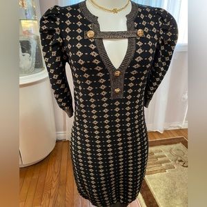 LARA Black and Gold Sheath Mini Dress with Puff Sleeves